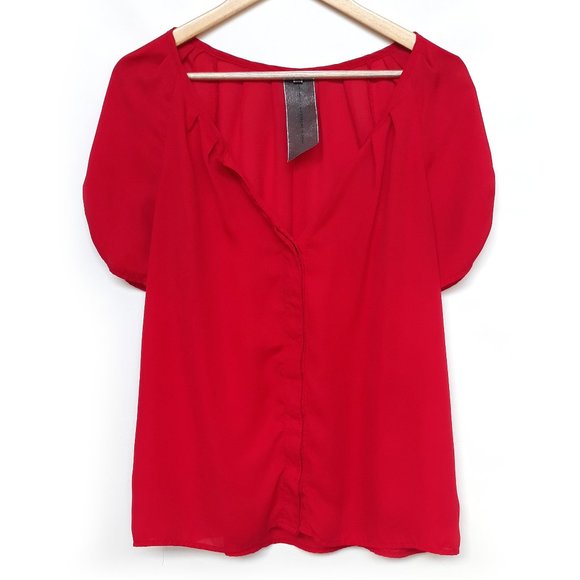 MOON COLLECTION Red Ruched Sleeve Flowy Top - Picture 1 of 4